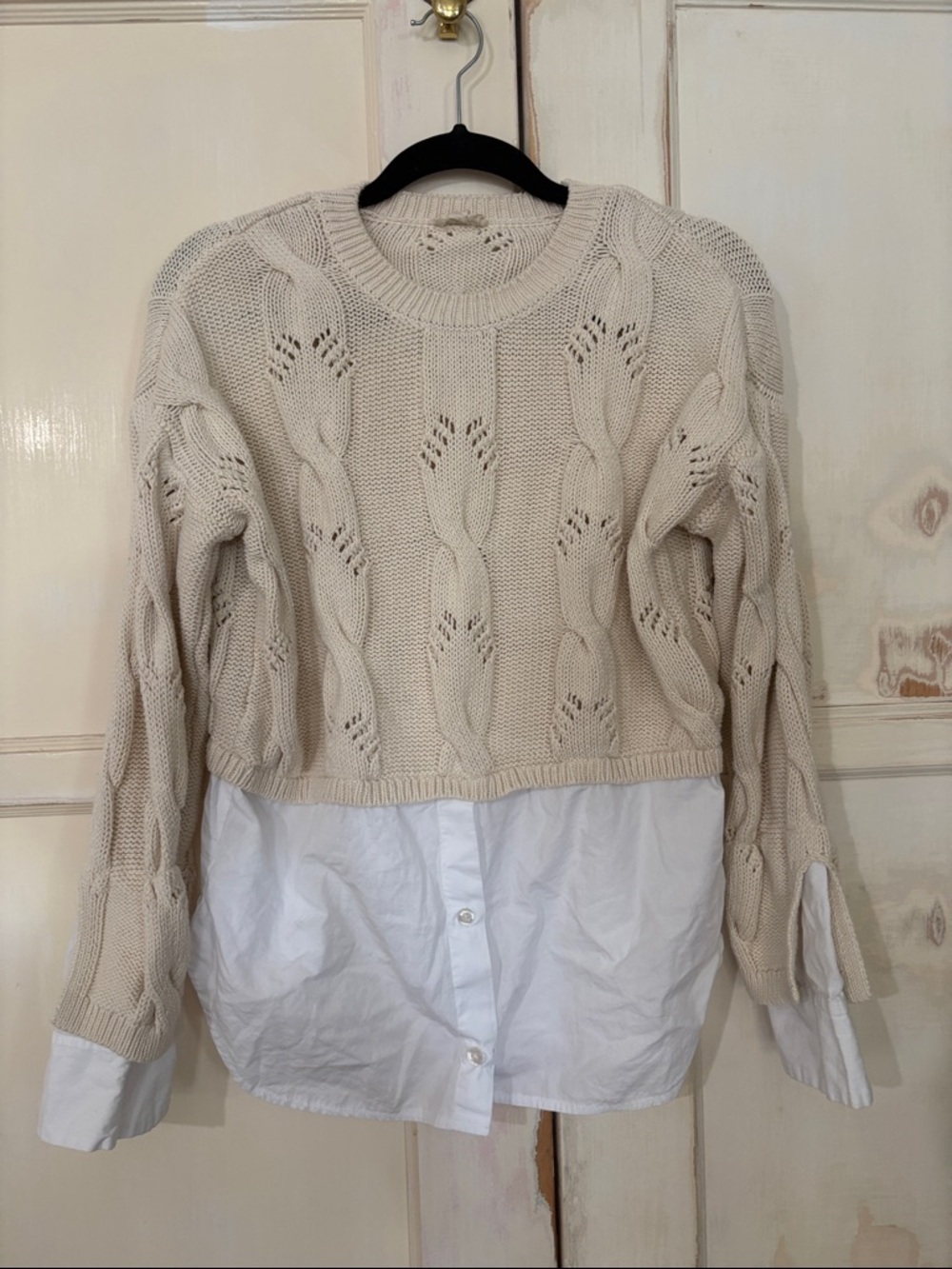 Pilcro Cream Cable-Knit Sweater with White Shirt Hem